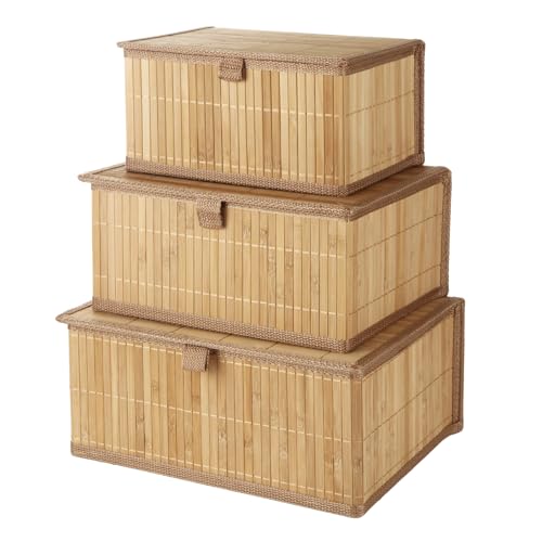 LOLYSIC Bamboo Storage Boxes with Lids, Set of 3 - Woven Decorative Baskets for Home, Kitchen, Shelf Organizer Wicker Lidded Basket, Handmade Storage Bin