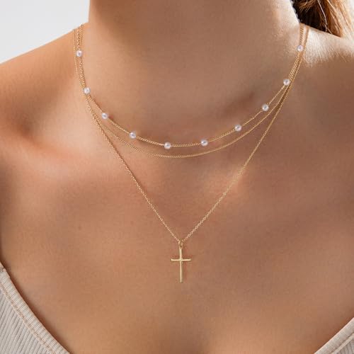 Cross Necklace for Women Gold/Silver Plated Layered Dainty Cross Chain Trendy Choker Satellite Charm Small Crucifix Pendant Gold/Silver Necklace Stackable Hypoallergenic Delicate Gift for Women2