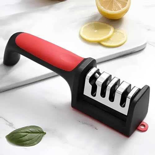 Image of Professional Kitchen Knife Sharpener with 3-Stage Sharpening System, Ergonomic Red Handle, Black (1, 4-Stage)