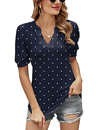 Romanstii Womens Puff Sleeve Tops Cotton Summer Short Sleeve Shirts for Ladies,Navy Polka Dot,XL