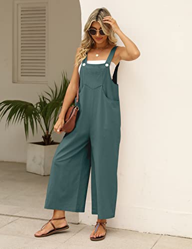 Daacee Womens Loose Linen Bib Overalls Comfy Sleeveless Adjustable Straps Wide Leg Jumpsuit With Pockets(0452-Teal-L) #TOP2