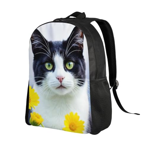 High Capacity Tuxedo Cat Surrounded by Yellow Flowers Backpack Large Multipurpose Bag Double Zipper Backpack Unisex 16 Inch2