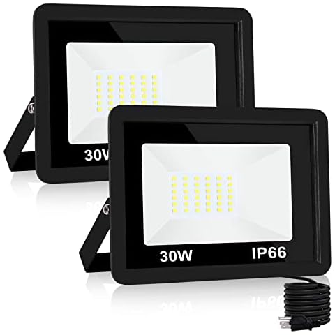 SWORDFORCE 30W LED Flood Light Outdoor, LED Work Light,Floodlight Fixture with Plug in IP66 Waterproof, 6500K 2 Pack Security Light for Yard Garden Stadium Garage Playground Cover