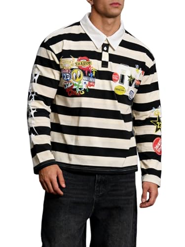 GORGLITTER Men's Striped Rugby Shirts Color Block Graphic Long Sleeve Collared Preppy Sweatshirt Casual Going Out Outfits Black and White Small