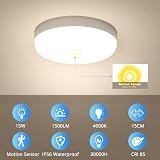 Combuh Lampa LED 15 W z czujnikiem ruchu wewnątrz, 15 cm, lampy sufitowe, 4000 K, neutralna biel, IP56, wodoszczelne oświetlenie wewnętrzne do korytarza, klatki schodowej, łazienki i WC, oświetlenie