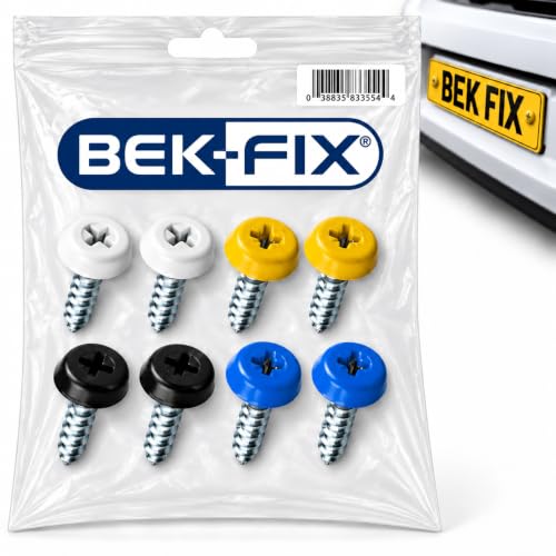 Image of BEK-FIX® Number Plate Screws, 8 Pack, 12mm Heads, 18mm x 10G, 4 Colours | Colour-Matched Oversized Heads for a Clean, Neat Finish