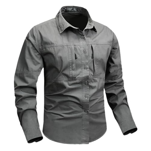 Image of Modeewel Shirts Men's Long Sleeve Outdoor Shirt Work Shirt Fishing Shirt Work Shirt Cargo Shirts with Zip Pockets Tactical Shirt Lapel Functional Shirt Lightweight Breathable Cargo Shirt Vintage Army