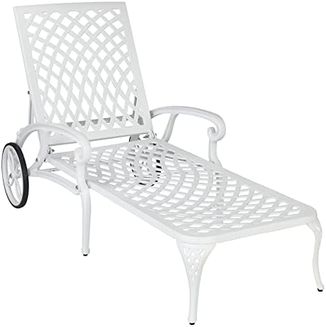 VINGLI Cast Aluminum Outdoor Chaise Lounge Chair with Wheels, Patio Chaise Lounge with 3-Position Adjustable Backrest, White Lounge Chair Outdoor for Pool Backyard (Without Cushion)