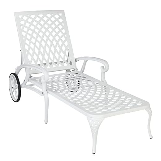 VINGLI Cast Aluminum Outdoor Chaise Lounge Chair with Wheels, Tanning Chair with 3-Position Adjustable Backrest, Chaise Lounge Outdoor Reclining Chair Pool Chairs (White, Without Cushion)