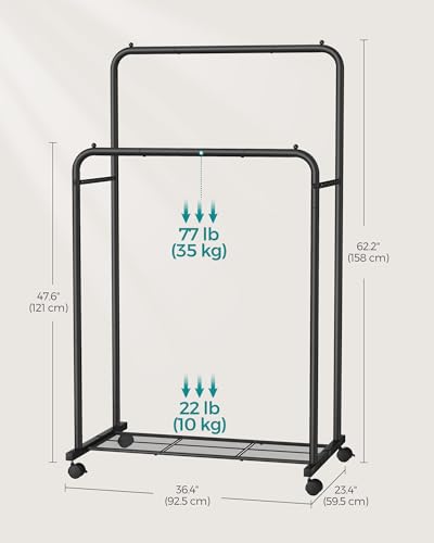 SONGMICS Double Rods Clothes Rack with Wheels, Clothing Rack for Hanging Clothes, Heavy Duty Garment Rack with Mesh Storage Shelf, 2 Brakes, Each Top Rail Holds up to 77 lb, Black UHSR26BKV1 thumbnail 2