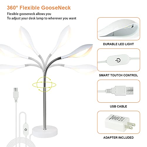 Dllt Dimmable Led Desk Lamp With 3 Light Modes, Eye-Caring Reading Light With Touch Control And 360°Flexible Neck, Bedside Nightstand Lamp For Study Office Bedroom, Usb Cable Adapter, White #TOP3