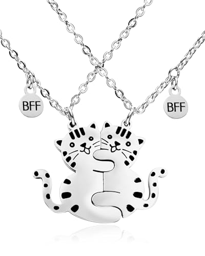 HOFOYA A Pair of Cat Best Friend Necklace Set 2 for Teens Boys Girls,Cute Cartoon Kittys Magnetic Matching Friendship BFF Necklace for 2 Daughter Son Sister Bestfriend.
