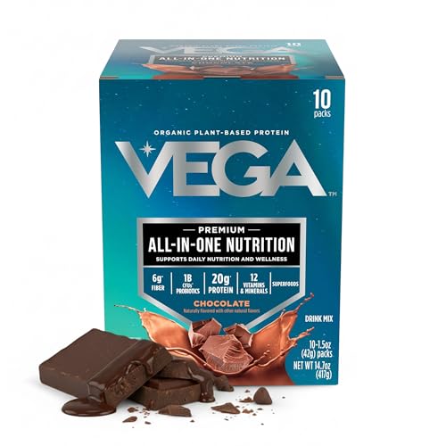 Vega All-in-One Nutrition Organic Vegan Protein Powder – Chocolate, 20g Protein Meal Replacement Shake – 10 x 1.47 oz (10 Servings)