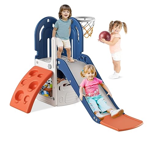BIERUM 4 in 1 Toddler Slide, Climbing Theme Baby Slide for Toddlers Age 1-3 with Basketball Hoop, Indoor Outdoor Backyard Playset Blue Orange by BIERUM - Used condition - US$70.76