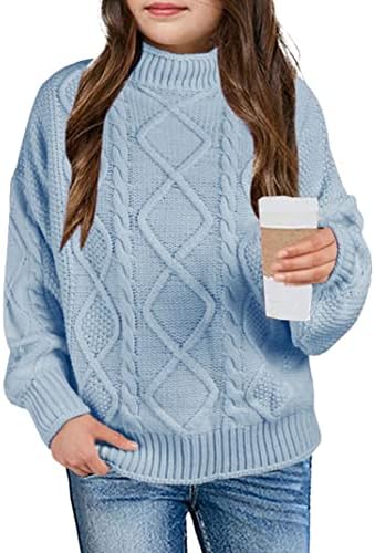 Girls Sweater Pullover Cable Knit Long Sleeve Turtleneck Chunky Warm Top Light Blue