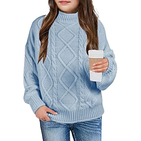 XuBa Girl's Sweater Pullover Cable Knit Long Sleeves Turtleneck Chunky Sweaters Light Blue Cover