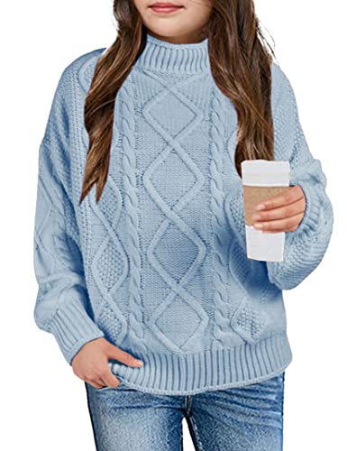 Girls Sweater Pullover Cable Knit Long Sleeve Turtleneck Chunky Warm Top Light Blue #TOP6