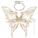 tiggell Fairy Wings with Elf Ears, Floral Crown, Wand for Halloween Costume