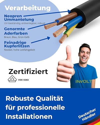 INVOLT 30 m H07RN-F 3G1,5 mm² kabel przedłużający CEE, elastyczny kabel gumowy z przewodem ochronnym, na zewnątrz, na placach budowy, certyfikat VDE