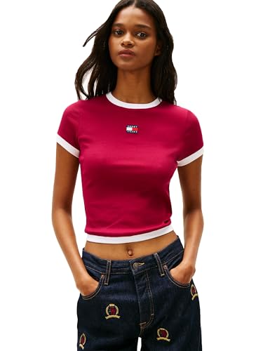 Tommy Jeans Womens Slim Short Sleeve Badge Rib Tee,Lavish Cerise Medium