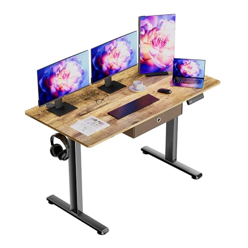 JUNHEDAMAI Electric Height Adjustable Standing Desk with Drawers, 55 * 24 Inch Sit Stand Up Desk, Ergonomic Computer Desk with 2 Headphone Hook for Home Office Sturdy Writing Workstation, Gaming Room