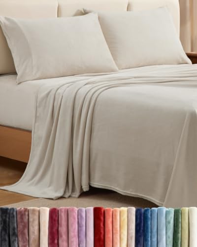 Image of Fleece Sheets Cal King Size Set - 4-Piece Velvet Flannel Sheet Set - Cream