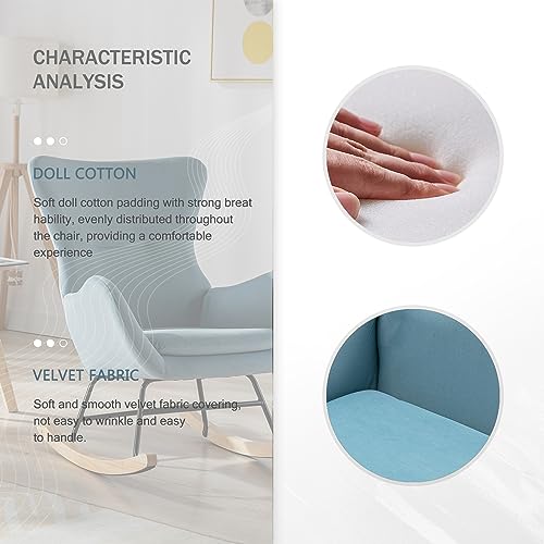 Tsuysi Velvet Rocking Chair Nursery, Upholstered Rocking Chairs with High Backrest and Armrests, Small Glider Chair for Nursery, Living Room, Bedroom (Light Blue)