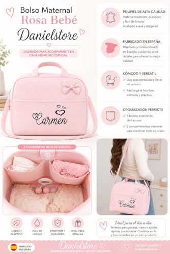 Miniatura 2 de Danielstore - Bolso Maternidad Personalizado Organizador Pañales Asa Colgar Al Hombro Compatible Carrito Bebe Fácil Limpieza, Rosa, 1 Unidad, Polipiel