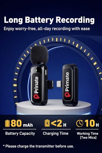 Image of Primate Wireless Lavalier Microphone with Type-C, ClipOn Mic for Android, iPhone, Tablets Noise Reduction, Real-Time Sync, Ideal for Vlogging, YouTube, Interviews, Live Streaming (SE81 2 mic)