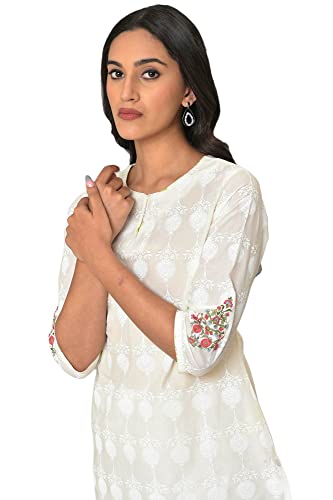 Image of W for Woman White Floral Print Cotton Co-Ord Kurta Set With Slim Pant For Women