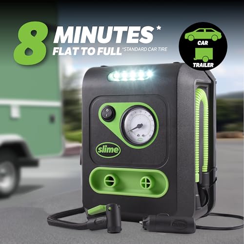 Slime 40034 Tire and Mattress Inflator, All-Purpose, High Pressure, High Volume, Analog 100 psi Dial Gauge, LED Light, 8 min Tire inflation, 3 Min Mattress inflation