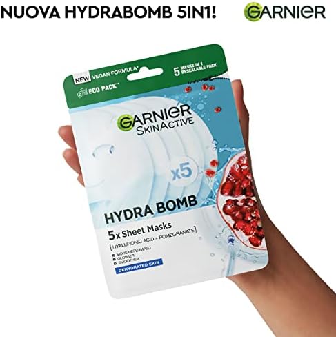 Garnier SkinActive Multi-Mask Hydra Bomb Cloth Mask Set, 5 x Sheet Masks with Hyaluronic Acid & Pomegranate Extract, Moisturising Face Masks