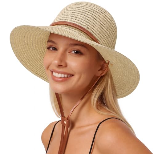 Image of Beach Hat for Women, Wide Brim Sun Straw Hats for Women, Sun Hat Womens UPF 50+ UV Protection, Floppy Foldable Summer Hats