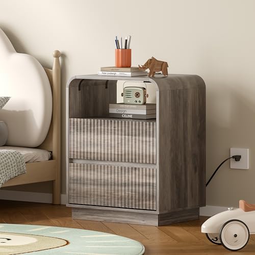 Image of BORNOON Dresser with 2 Drawers and Charging Station, Fluted Bedside Table with Round Curved Corner, Hidden Handles, 2 AC Outlets and 2 USB Ports, Modern Wood End Table with Open Shelf for Bedroom