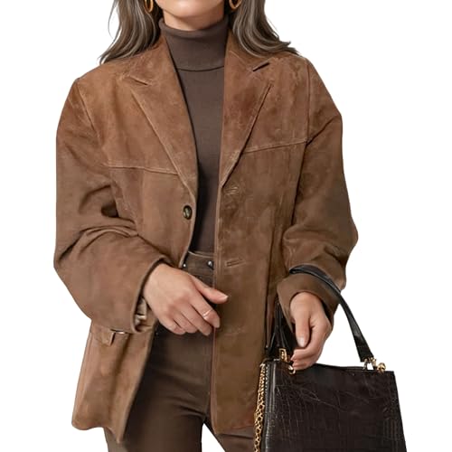 Image of Dark Brown Faux Suede Jacket Women Women's Faux Suede Blazer Jacket Notched Lapel Single Breasted Light Brown XX-Large