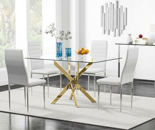 Image of 5 Piece Glass Dining Table Table Set, Tempered Glass Dining Table Set for 4 Kitchen Table Set with 4 Upholstered Chairs for Kitchen Dining Room (Gold Leg Table with White Chair)