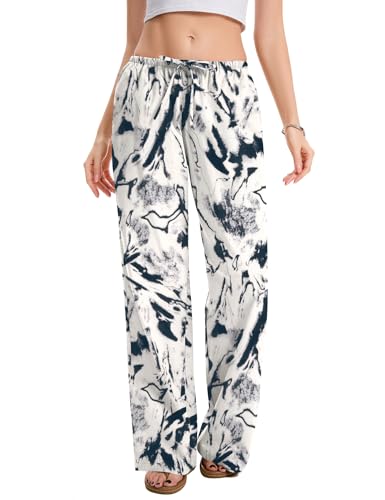 AKEWEI Women Casual Summer Palazzo Pants Drawstring Waist Wide Leg Lightweight Beach Trousers with Pockets3
