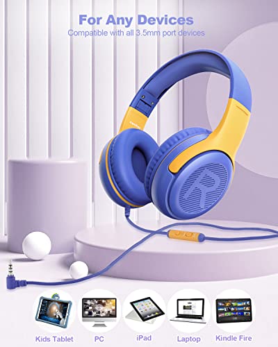 Image of Kids Headphones Wired with Microphone for ipad Computer Laptop for Boys Girls Volume Limit Foldable Over Ear Headset for School 3.5mm Jack