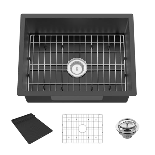 Black Kitchen Sink,24x18 Inch Stainless Steel Undermount Kitchen&Bar Sink Drop In Stylish And Modern Look With Bottom Grid,Silicon Mat And Drain Assembly Add Elegance & Enhance Usability by FAUENPEEY - Used condition - US$128.16