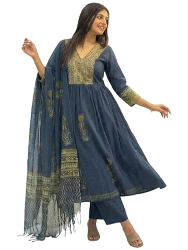 Image of ANNI Designer Women Printed Gathered Kurta Palazzo Dupatta Set Viscose Blend Kurti Suit Ladies Ethnic Wear for Festive Office Casual Use