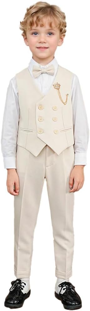 Boys Wedding Suit Ring Bearer Outfit Kids Tuxedos 4 Piece Shirt+Pants+Bow+Sling