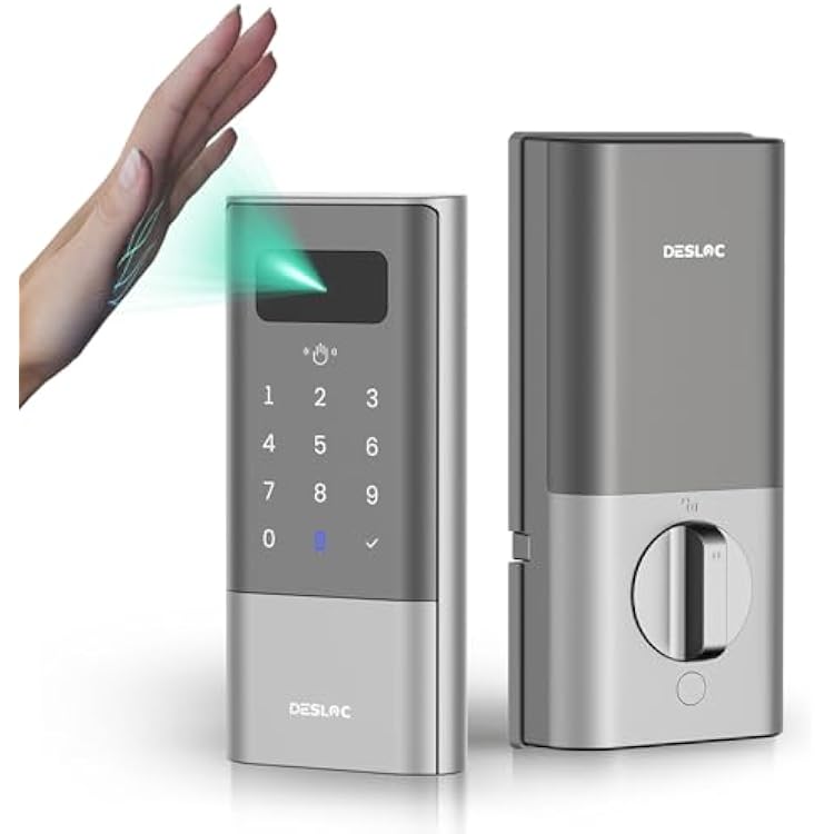 DESLOC K140Plus Smart Door Lock with Palm Vein Recognition, Keyless Entry Door Lock with Keypad Deadbolt, App Control, Auto Lock Digital Door Lock for Front Door with Mechanical Key Backup, Silver