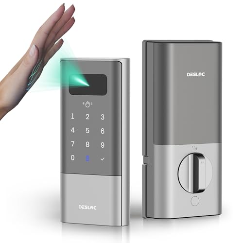 DESLOC K140Plus Smart Door Lock with Palm Vein Recognition, Keyless Entry Door Lock with Keypad Deadbolt, App Control, Auto Lock Digital Door Lock for Front Door with Mechanical Key Backup, Silver