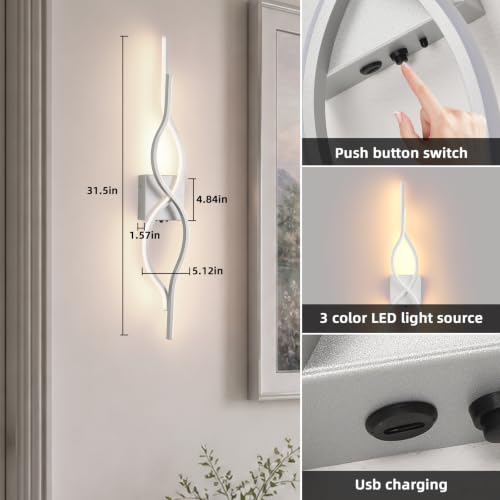 Image of Battery Operated Wall Sconces Set of 2, Sliver 31.4'' LED Dimmable Wall Sconce with Remote Control, Adjustable Color Temperature Brightness for Living Room Bedroom and Hallway Rechargeable Lighting