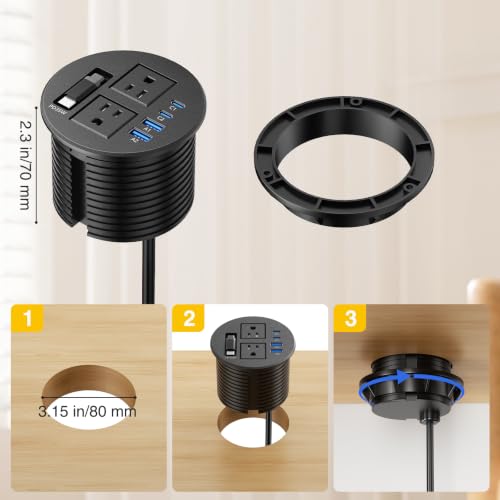3 1/4" Tomas de Escritorio con Cable Retráctil 35W 2 USB C, 2 Tomas miniatura 7
