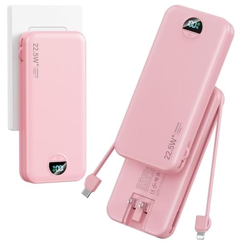 12000mAh Ultra-Portable-Charger-Power-Bank with Built in Cables&AC Wall Plug,PD20W USB-C Fast Charging Cell Phone Charger Battery Pack,LED Display Tra