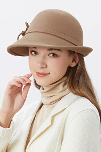 BABEYOND Womens 1920s Bucket Hat Winter Wool Crushable Bowler Hat Vintage Cloche Round Hat with Floral Accent (Camel) - Thumbnail 3