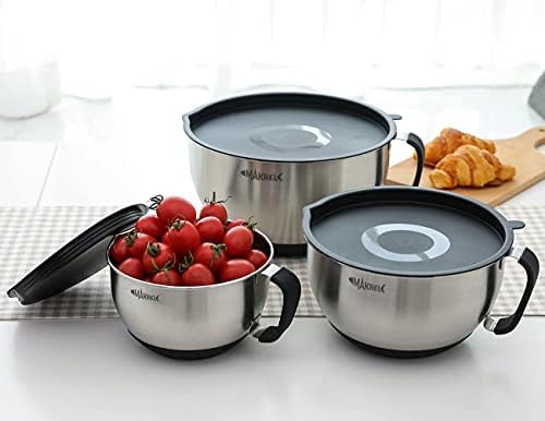 MAKREL® Premium Set of 3 Mixing Bowls with Lids and Easy Grip Handles. Nesting Bowls with Black Silicone Base, Scale Markings, and Pouring Spout. 1.5L, 3.0L & 5.0L