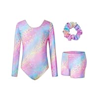 Surgoal Gymnastics Leotards for Girls with Short Long Sleeve Sparkle Ballet Dance Unitard Gymnastics Athletic Outfit 3Pcs for Kids 8-9 Years