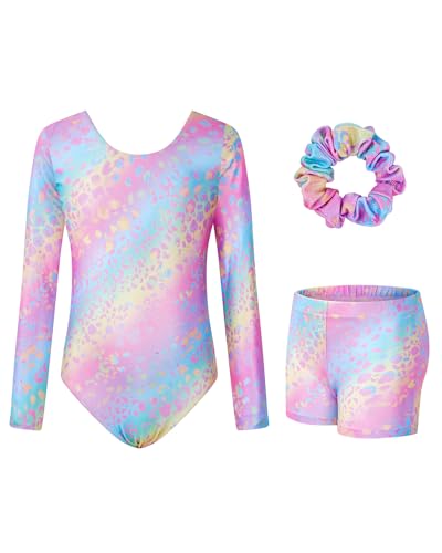 JiAmy Maillot de gimnasia para niña, traje de gimnasia para el pelo, juego de leotardo para 3 – 12 años, Pink Leopard Set, 3-4 años